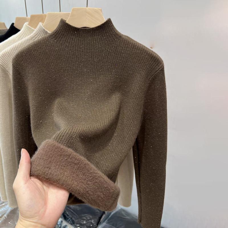 Ladies Winter Fleece Lined Thermal Long Sleeve Slim Fit Basic Solid Color Pullover Knitted Warm T Shirt Top for Layering
