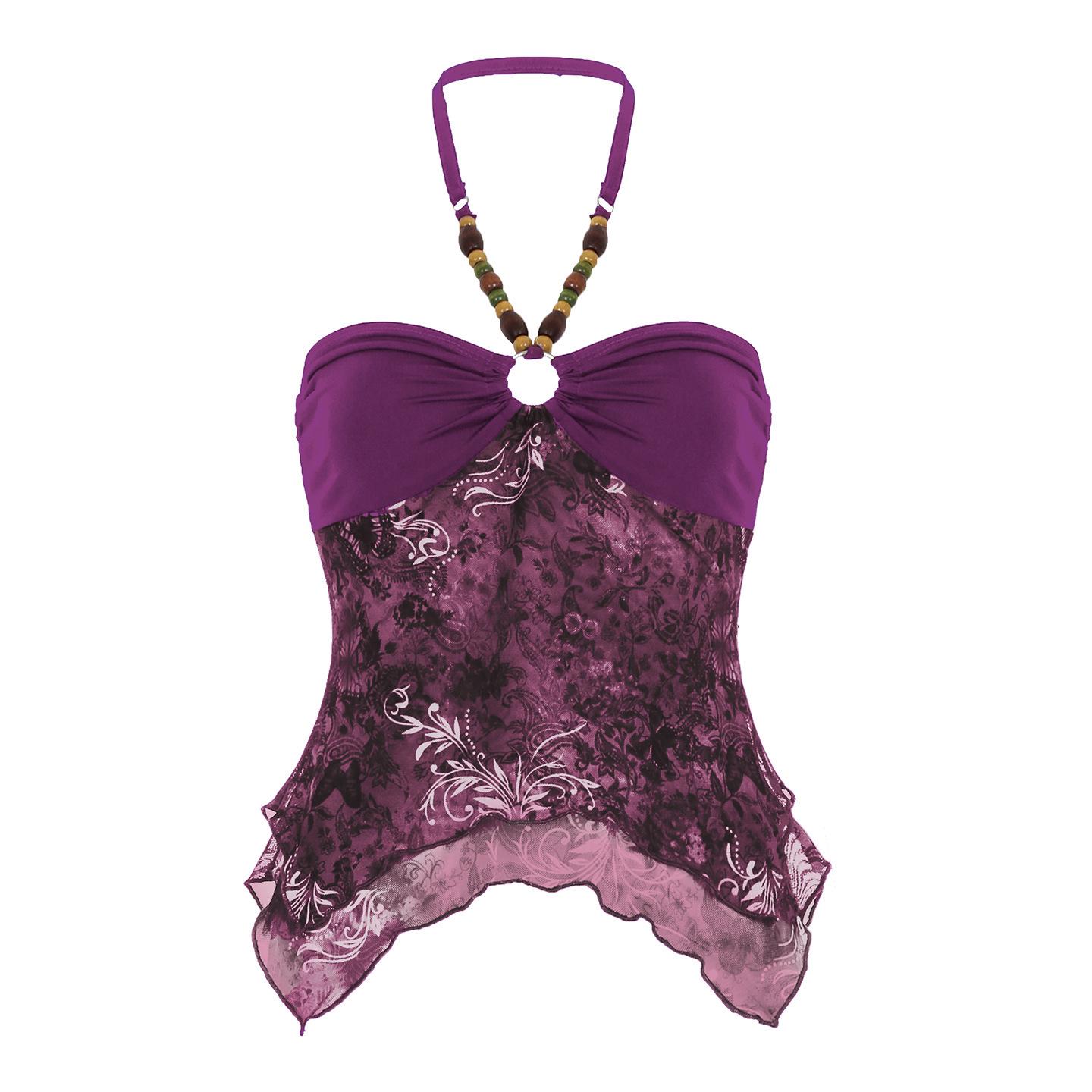 Retro Ethnic Beaded Halter Camisole with Irregular Hem Medium фиолетовый