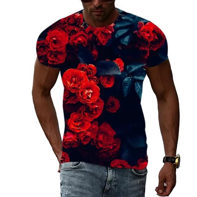 Summer Rose Pattern T-shirt for Men In Large Size Fashionable and Casual Personalized Round Neck Printed T-shirt