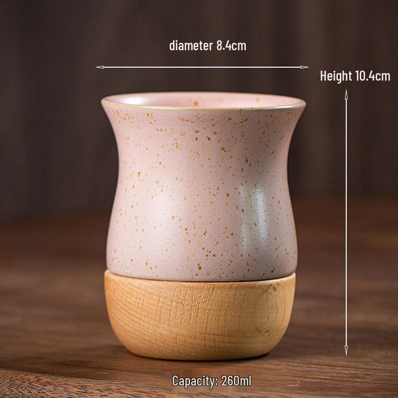 Vintage Coarse Pottery Ceramic Espresso Cup with Wooden Base, Personal Water & Tea Mug for Office