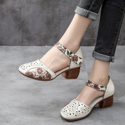 Women  Leather Shoes Sandals High Heel Summer Cool Beach Hollow Flowers Shoes Female Luxury Sandals Women