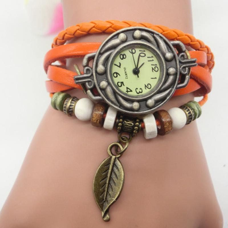 Vintage Blattuhr, Handgeflochtene Bronze Vielseitige Vintage Leder Damen Armbanduhr 795