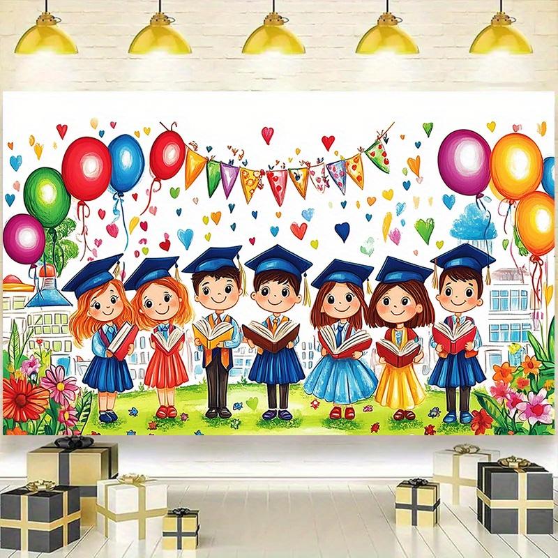 A backdrop for a kindergarten graduation party - lively cartoon-style children, balloons and decorations