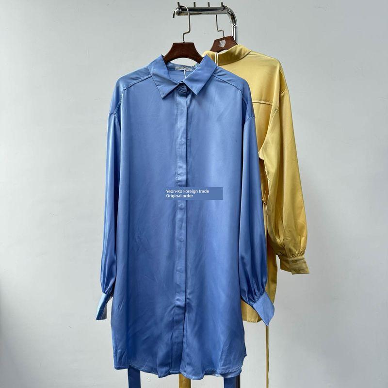 

Оригинальный заказ для внешней торговли, атласная текстура, скользкий, оверсайз, большой дизайн, длинные рукава, средней длины, длинный, рубашка Blue shirt (random flaws) XL