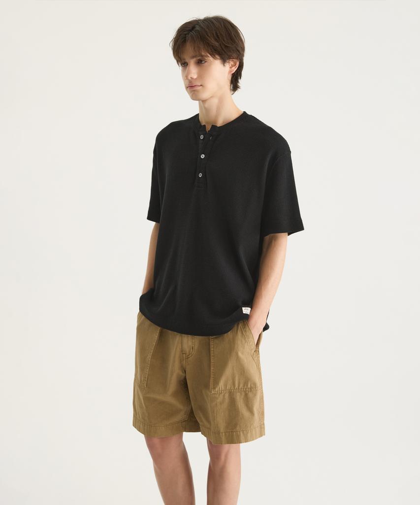 Oteumilkape Waffle Henley Neck T-Shirt - Black