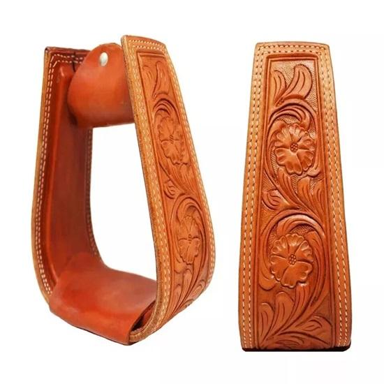 Floral Handmade Tooled Leather Covered Pair Western Stirrups Saddle Tack .