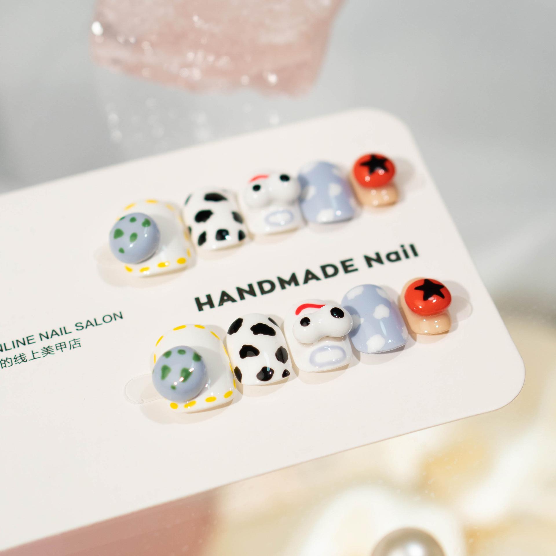 Hand-Painted Cute Cartoon Cow and Cloud Nail Tips
