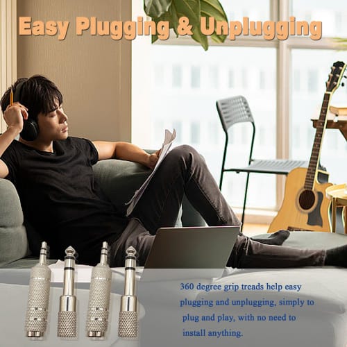 Voluty Tek 1/4" Female To 1/8" Male Audio Adapter Kit with 3.5mm Male To 6.35mm Female Connectors for Guitar Headphones, Set of 4