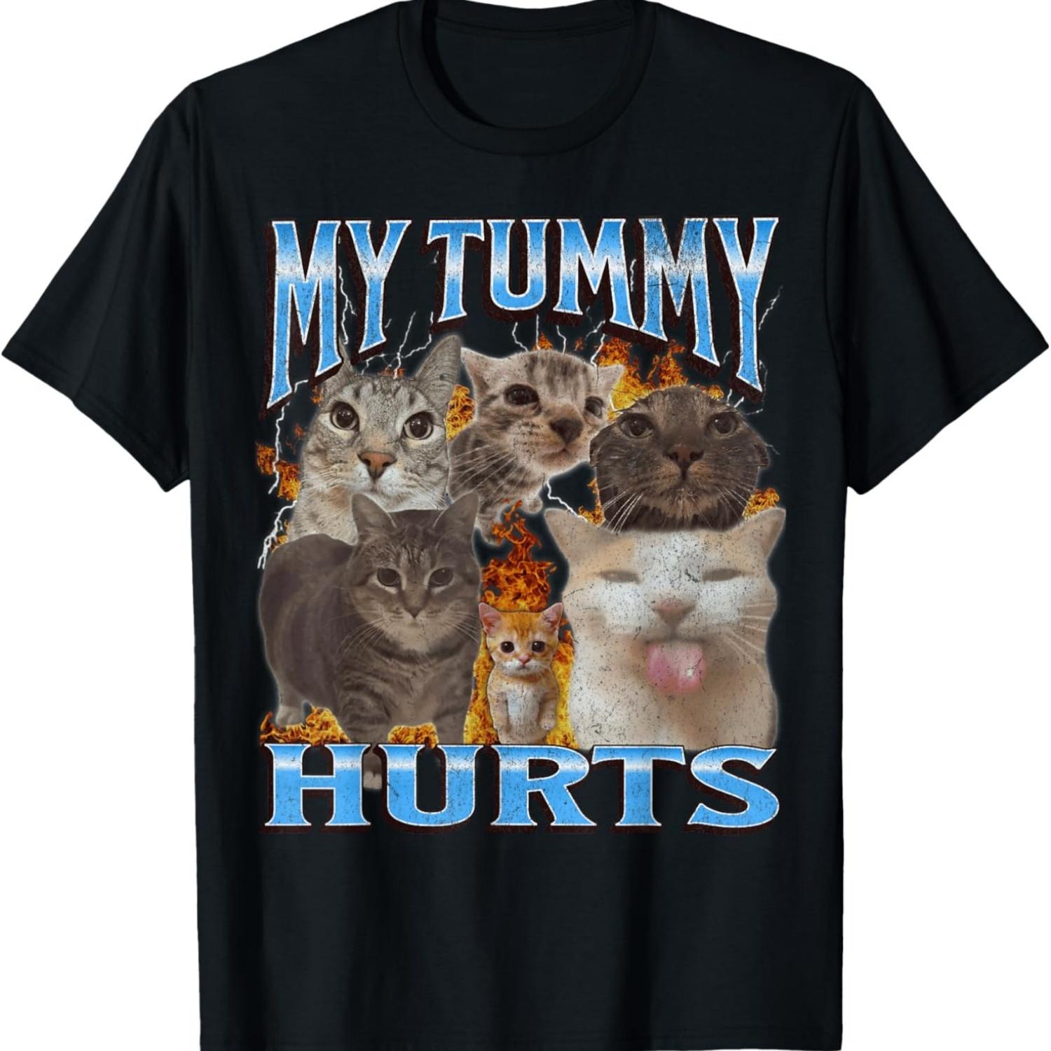 My Tummy Hurts Funny Cat Meme Bootleg Graphic T-Shirt S чёрный