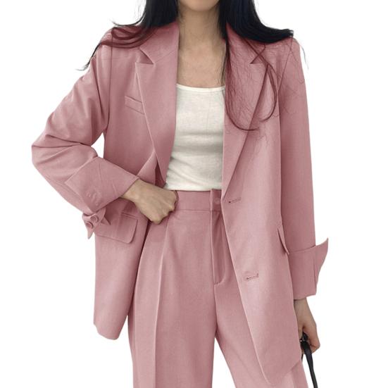 Yousheng Women Coat Pants Turn-down Collar Double Button Closure Cardigan Long Sleeve Jacket High Waist Straight Trousers Lady Formal Commute Outfit