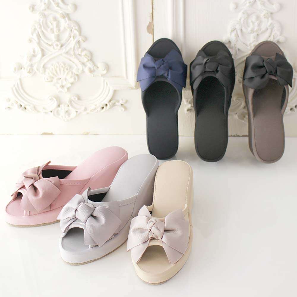 8cm Heeled Slippers with Platform Medium Ribbon, (Black)