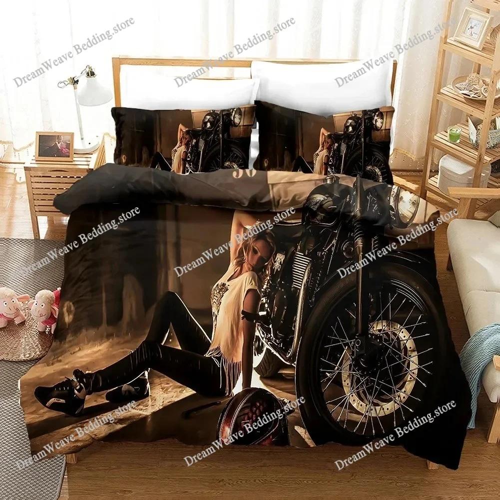 Sexy Girl Motocross Duvet Cover Extreme Sports Theme Bedding Set for Boys Teens Man Microfiber 3D Beauty Queen King Quilt Cover