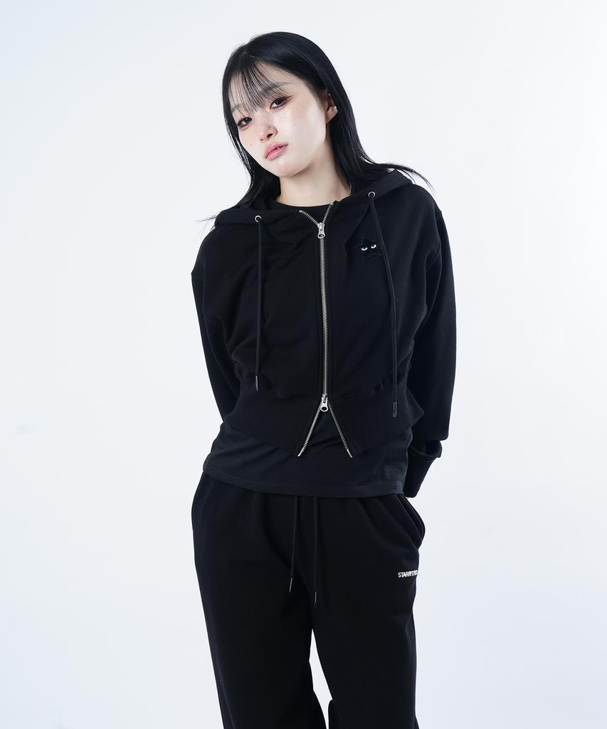 Starryeyed Crop Two-Way Zipper Zip-Up Hoodie (Black)