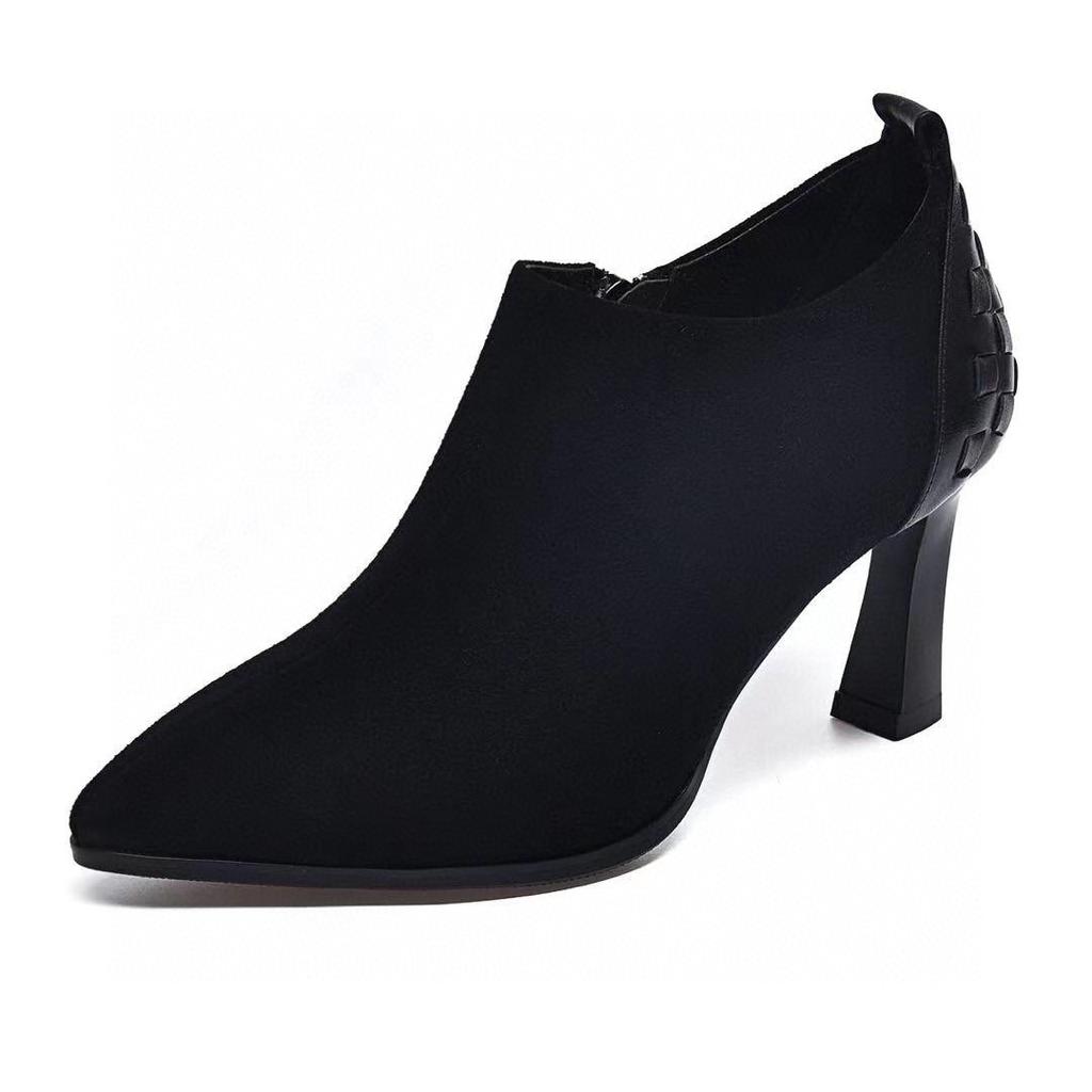 Fashion High-heeled Deep-mouth Single Shoes Women's Spring New Temperament Pointed Sheepskin Black Woven Side Zipper Bare Boots