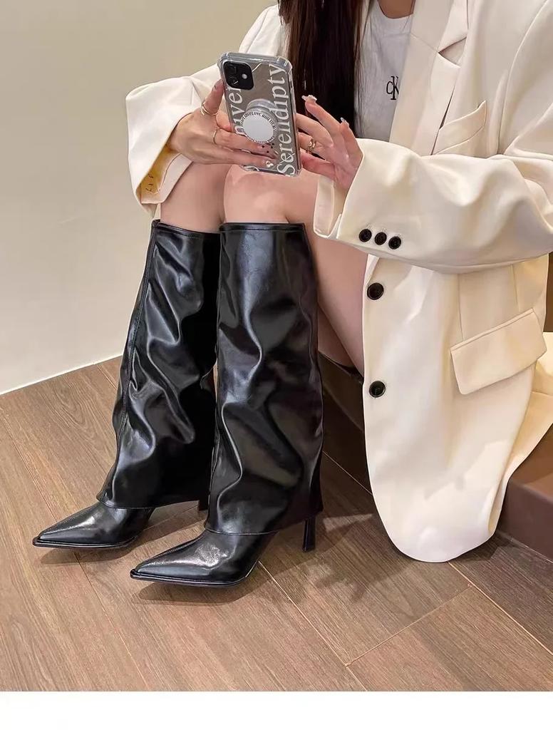Fashion Pointed Fine Heel Fashion Boots Rub Zipper Sexy Women's Boots 2025 Winter New High Boots Rubber Bottom Pu Material