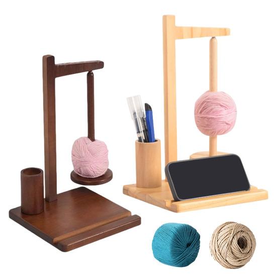 Wooden Yarn Holder with Phone Holder Rotating Pendulum Yarn Ball Dispenser Stand Bamboo Beech Wood Yarn Spool Rack for Knitting Lovers Surprise Gift