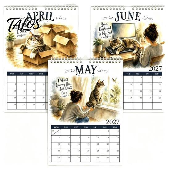 Large Grid Monthly Planner 2027 Cat Wall Calendar with Watercolor Illustrations, for Thick Paper Hanging Home Office, Coil Binding, 12x8 Inches Office
