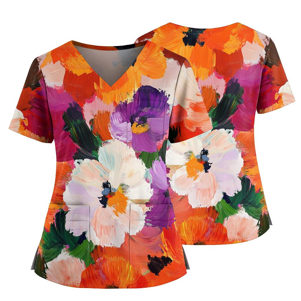 Damen Casual Bedrucktes V-Ausschnitt Taschen Seitennaht Schlitz Kurzarm Top