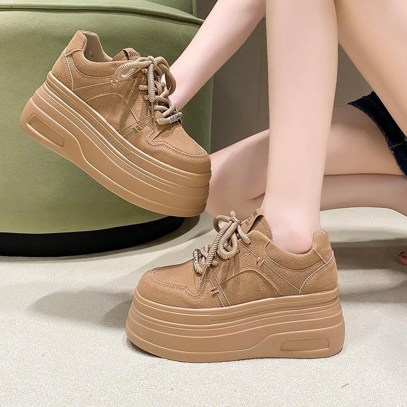 Mote 8CM Dame Lær Sneakers Høst Vår Brun Fritidssko Chunky Sneakers Høy Plattform Sport Skateboard Sko Kvinne