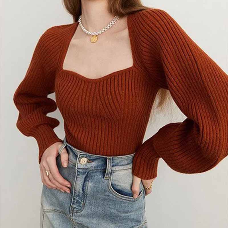 Literatura a umění Vintage Jednobarevné Tričko s čtvercovým výstřihem Dámský Podzimní a Zimní Volný Slim Svetr s dlouhým rukávem