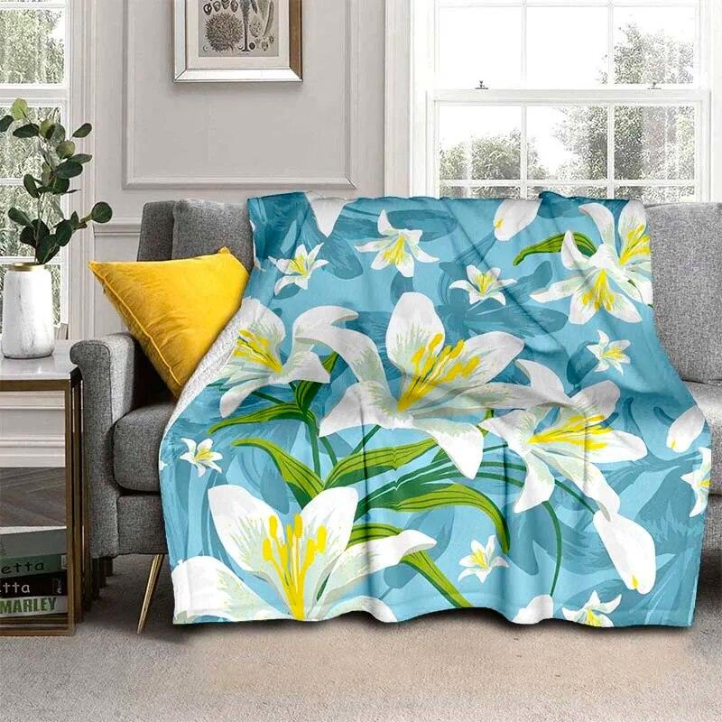 Módní přikrývka se zářivými květinami – lehký flanelový přehoz na pohovku, přikrývka s digitálním potiskem s měkkou a červotočivou flanelovou látkou