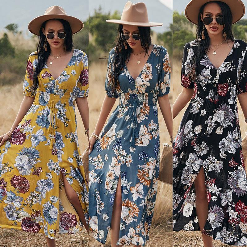 2023 Summer New Sexy Printed Bohemian Dress with Waistline Slimming Women's Clothing