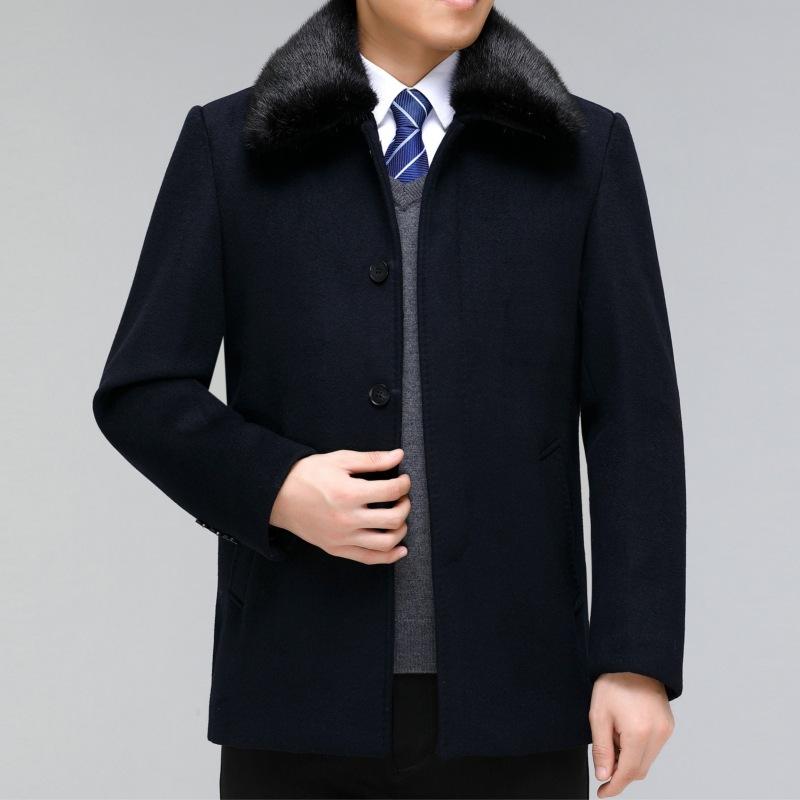 Middle-aged and elderly men's short cashmere coat daddy's winter plush woolen windbreaker lapel with fur collar coat