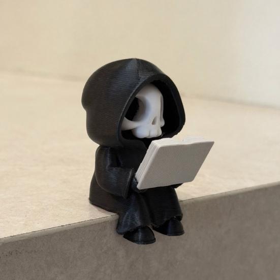 Grim Reaper Reading Figurine, 3D Printed Mini Skull Grim Reaper Statue, Cute Gothic Skeleton Ornament for Bookshelf, Desk, Shelf, Halloween Home Decor