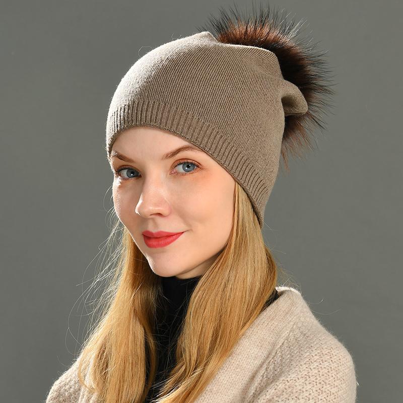 Real Raccoon Fur Pom Pom Knitted Hat Women Beanies Cashmere Winter Hat Female Girl Cotton Skullies Wool Beanie Hat