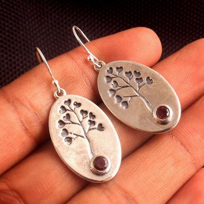 Orecchino pendente albero della vita con pietra preziosa granato, argento sterling 925, gioielli con pietra portafortuna di gennaio