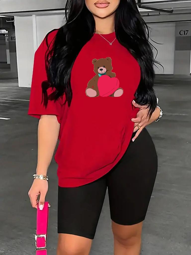 Bear standard size European and American women's clothing lip printing T-shirt shorts set sports suit