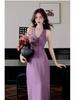 Elegant Purple Polka Dot V-Neck Halter Dress - French Retro Hong Kong Style, Slim Fit, Summer Vacation Wear