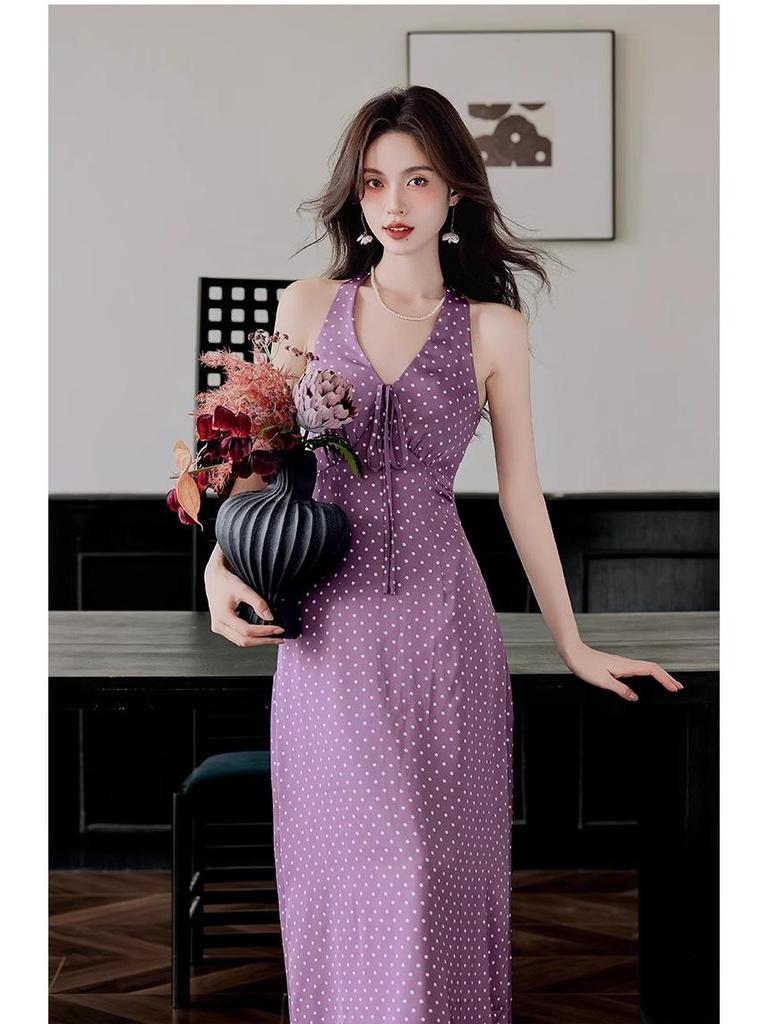 Elegant Purple Polka Dot V-Neck Halter Dress - French Retro Hong Kong Style, Slim Fit, Summer Vacation Wear