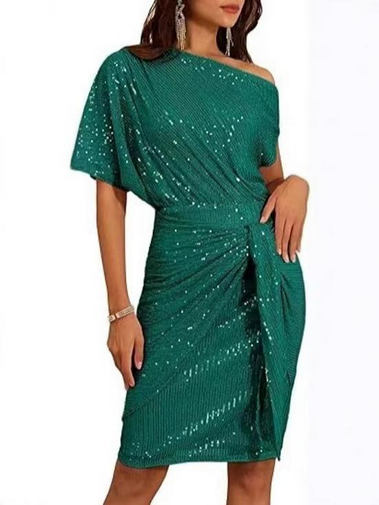 Cross-Border Glitter One-Shoulder Ruffled Party Dress for Women