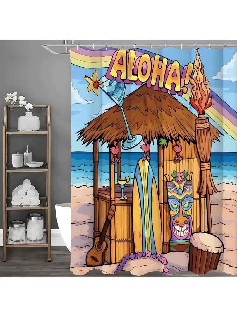 

Ocean Beach Thatched Shower Curtain, Bathroom Decorative Shower Curtain, Waterproof Shower Curtain With Hooks W60H190(CM)-1 Pcs