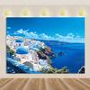 Nordische Griechische Landschaft Hausparty Dekorationen Inselstadt Santorin Blaue Kuppel Kirche Ägäis von Santorin Fotografie Hintergrund