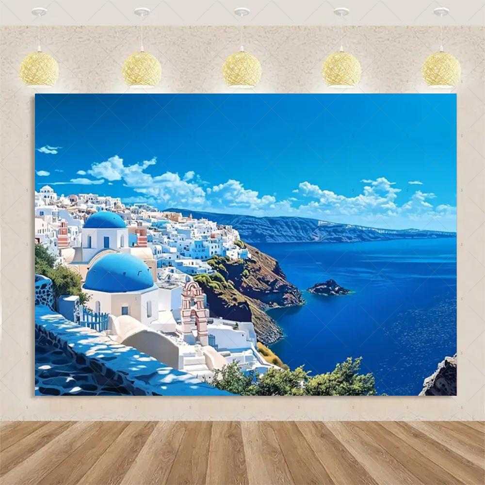 Nordische Griechische Landschaft Hausparty Dekorationen Inselstadt Santorin Blaue Kuppel Kirche Ägäis von Santorin Fotografie Hintergrund