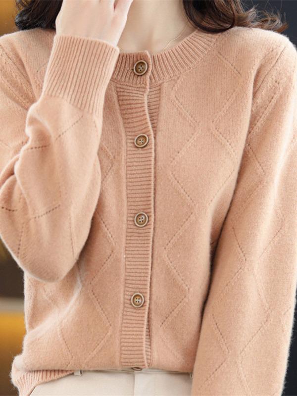 2025 Retro Diamond Lattice Knit Cardigan - Solid Color, Autumn/Winter, Round Neck