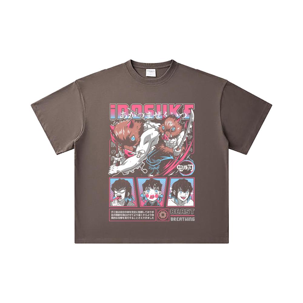 260 GSM Double Yarn 32 Count 100% Cotton Demon Slayer V28 Inosuke Print Unisex Heavy Cotton T Shirt