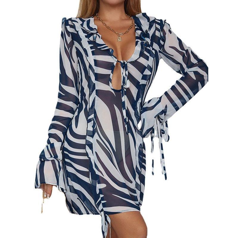 All-Match Foreign Trade Women's Clothing Beautiful Fall and Winter New Arrival Fashion Sexy V-neck Long Sleeve Elegant Stripes Tied Dress