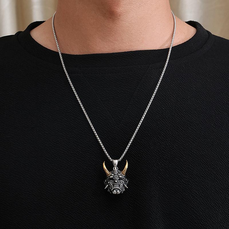 Gold Color Horn Ghost Mask Pendant Necklace For Men Retro Style Stainless Steel Neck Chain Copper Color Jewelry Halloween Gift