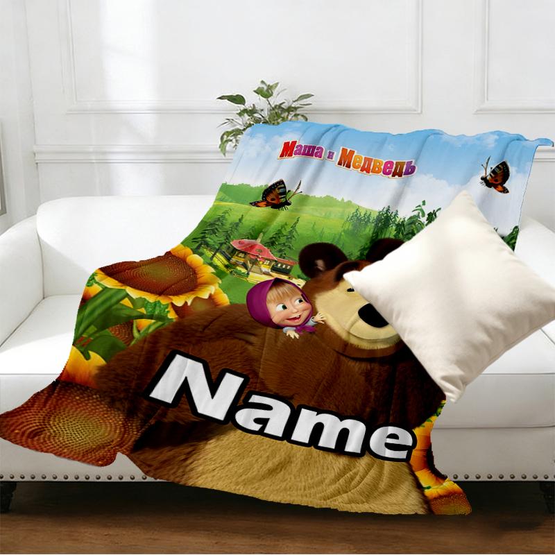 Custom Name Personalized Masha and The Bear Print Blankets, Home Decor, Bedroom, Sofa, Camping, Couch, Gifts for Birthday Christmas