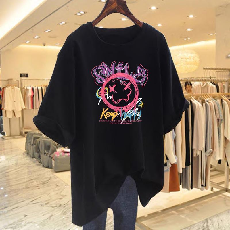 Women's Japanese Graffiti Print Loose Summer T-shirt - Short Sleeve, Versatile, Casual Style