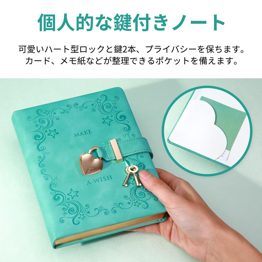 CAGIE Notebook with Diary Diary with Cute For Elementary School Diary Book with PU Secret For School Green Lock, Book, Lock, B6, Notebook, Stylish,