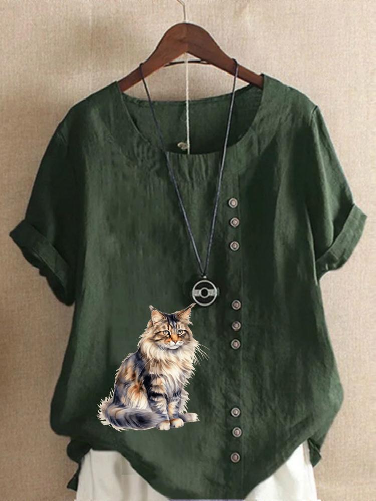 Women's Fashion Cat Print Round Neck Short Sleeve T-shirt Summer Casual Cotton Linen Graphic Shirt Leisure Loose Blouse Tops