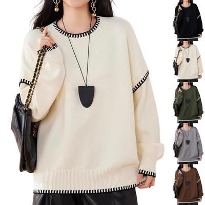 Women's Fashionable Casual Versatile Lazy Style Contrast Round Neck Pullover Long Sleeve Loose Knitted Sweater