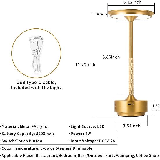 Rechargeable Cordless LED Table Lamps Touch Sensor Light, 3-Levels Portable Dimming Wireless Battery Operated Lamp Hao Nuan Ightstand Lamp/Night