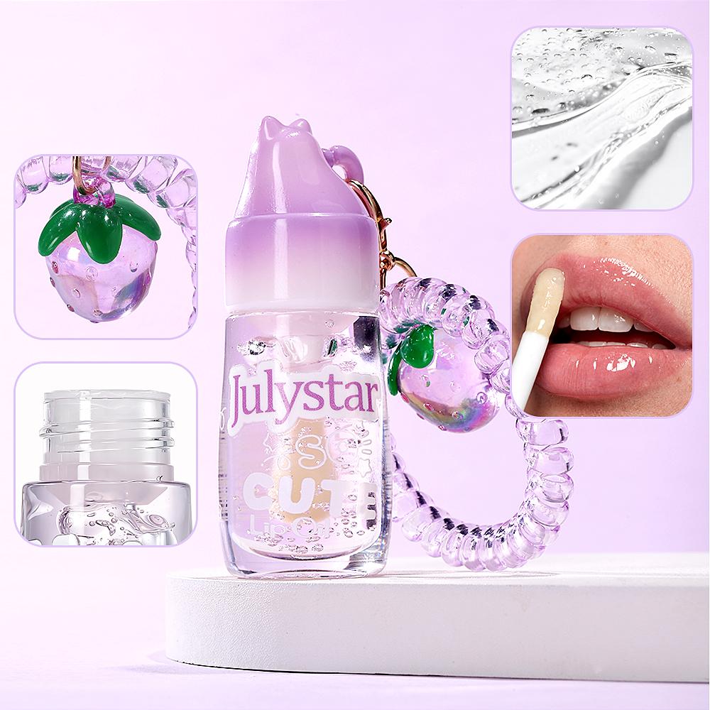 Julystar Cute Strawberry Keychain Lip Oil Moisturizing Clear Glossy Lip Plumper Fruit Flavor Lip Care Lip Gloss with Phone Cord Hair Tie Bag Pendant