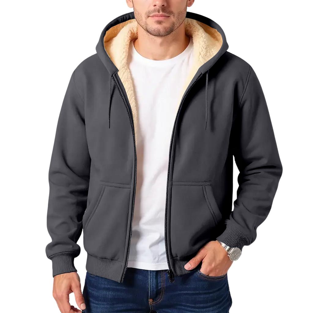 Men's Fleece-lined, Warm, Versatile, Casual, Thick Hooded Sweatshirt Jacket