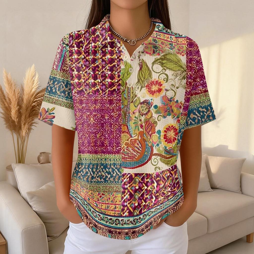 Women Fashion Casual Short Sleeve Waffle Knit Polo Collar Top with Patchwork Floral Print Loose Fit Button Down Shirt